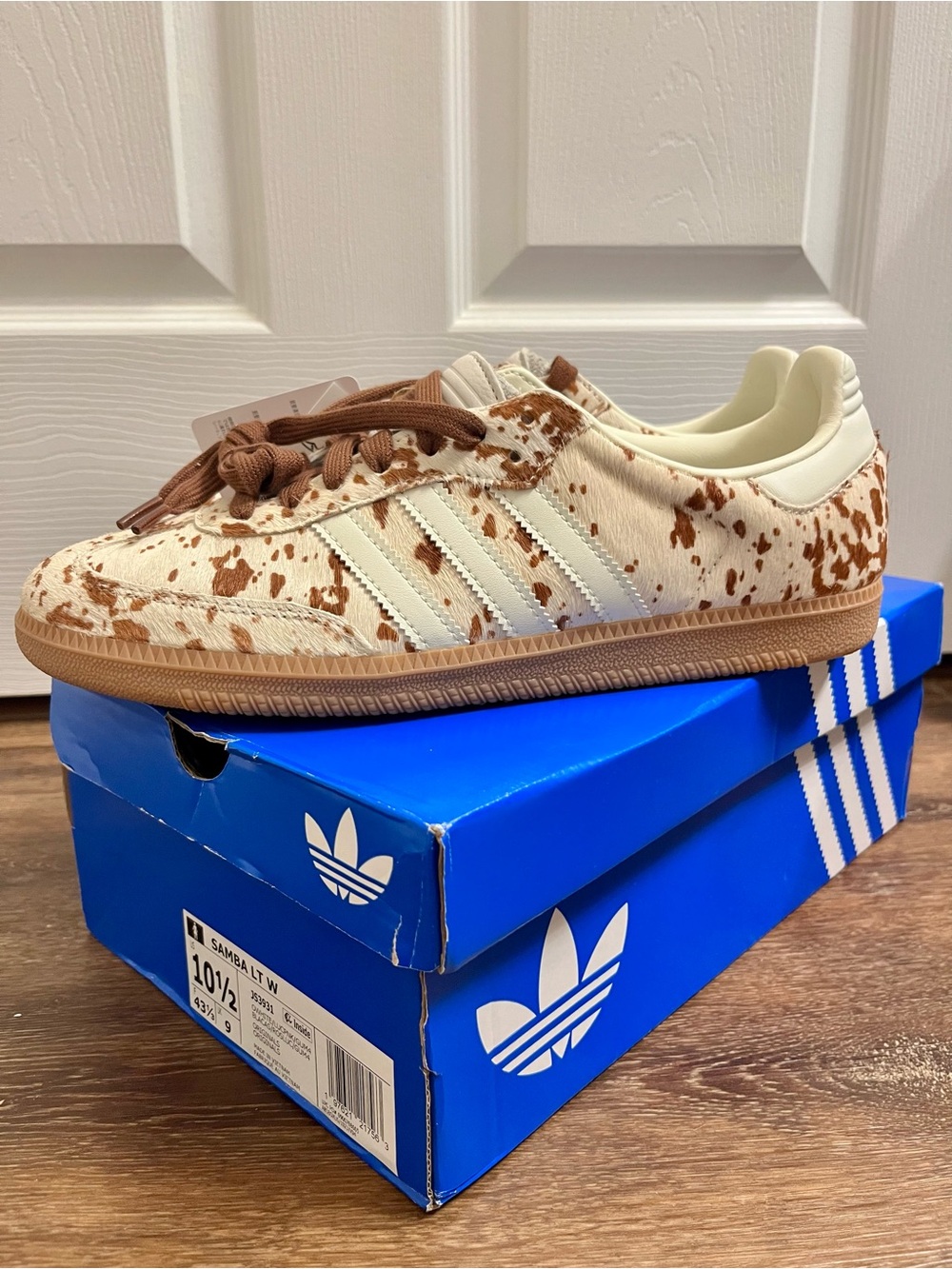 Adidas Samba Leather Real Cow Fur Print Sneakers in Cream and Brown - Picture 1 of 8